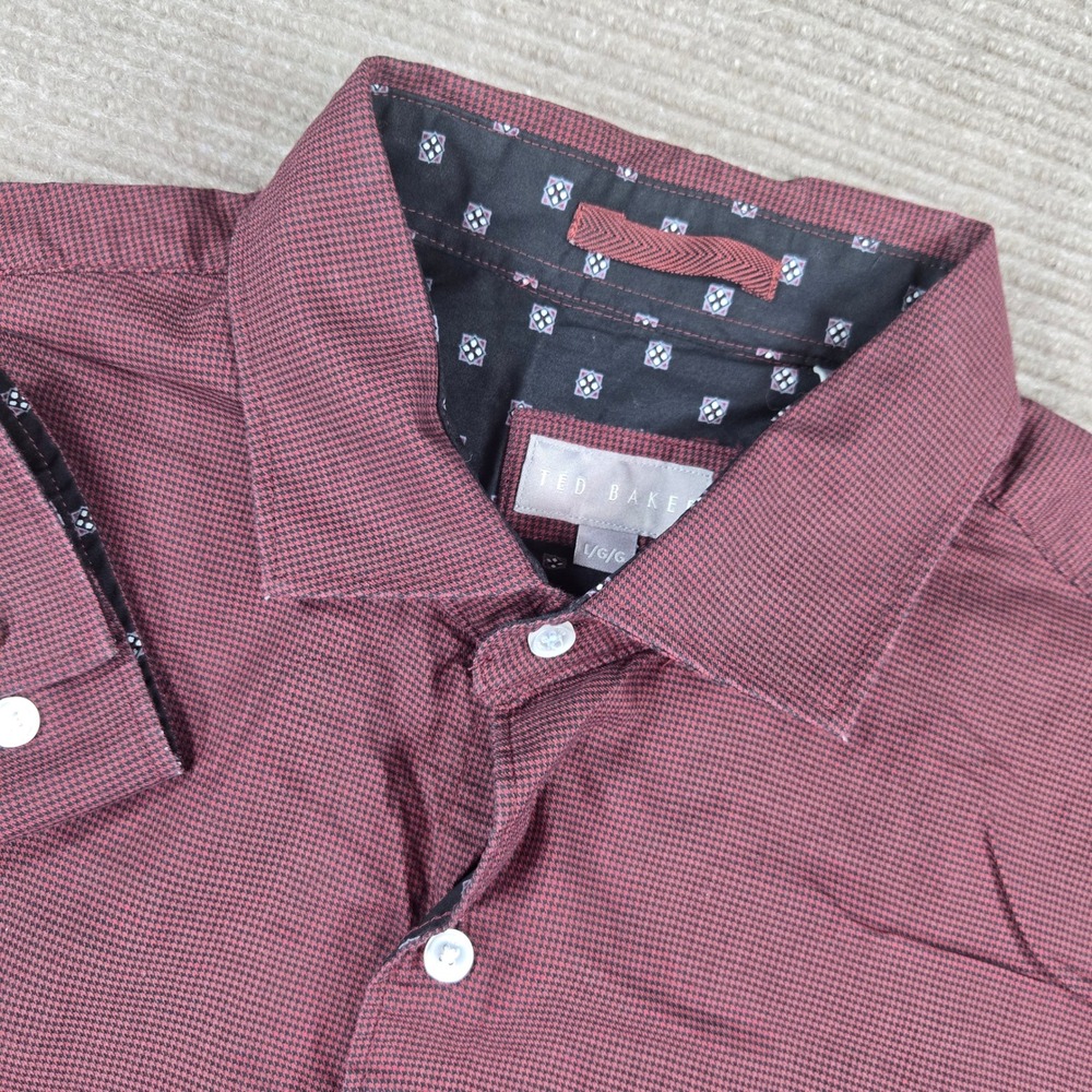 Ted Baker Mens Large Burgundy Micro Houndstooth Long Sleeve Button Up Shirt
